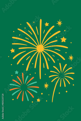 Fireworks stand alone against a green backdrop, accompanied by festive sparkling lights and flashes