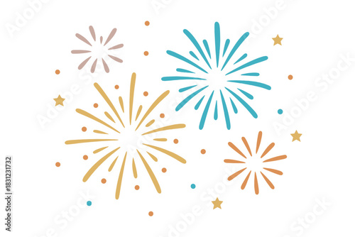 Illustration of colorful fireworks blooming over a blue night sky background