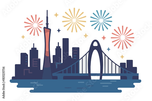 New Year's fireworks illuminate the city of Guangzhou, China