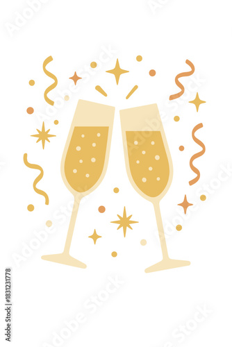 Two champagne glasses adorned with confetti, glitter, serpentine ribbons, and lights, embodying a nighttime celebration concept by e