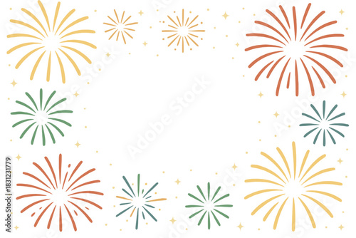 A festival fireworks frame featuring bright cracker lights against a starry night sky, with a firework banner and traditional celebration background in vector illustration