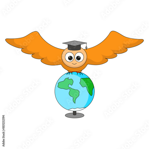 Cute owl with a graduation hat and open wings sits on a globe. Vector illustration on white background for logo, childrens's activity book.
