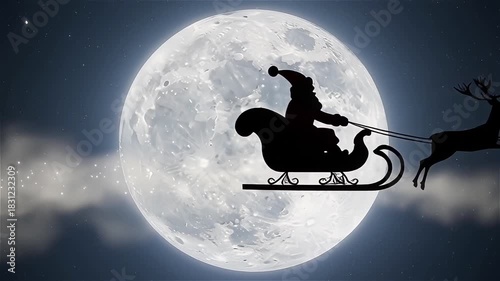 Santa Claus Sleigh Flying Across Full Moon in Starry Night Sky – Magical Christmas Holiday Background Animation