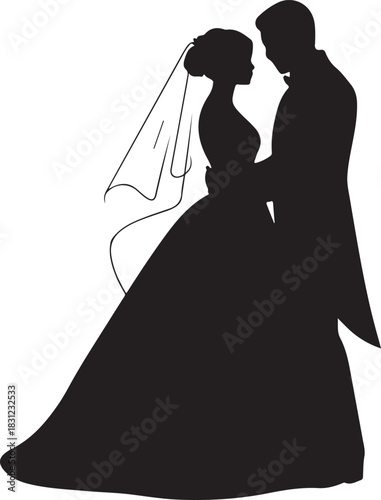 Silhouette shows a bride wearing veil and dress with her groom embracing her