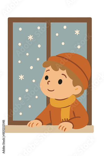 A cute child gazes out the window, admiring the first snowflakes