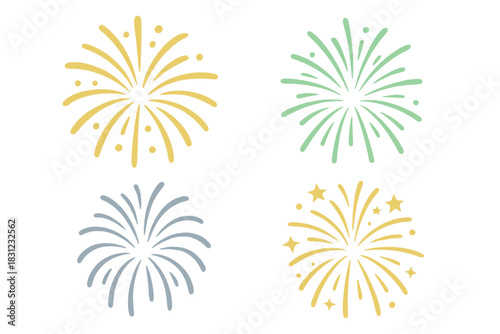 A vector illustration set featuring New Year's fireworks in gold, light green, and grey against a white background, ideal for decorative purposes such as prints, posters, banners, wallpapers, cards