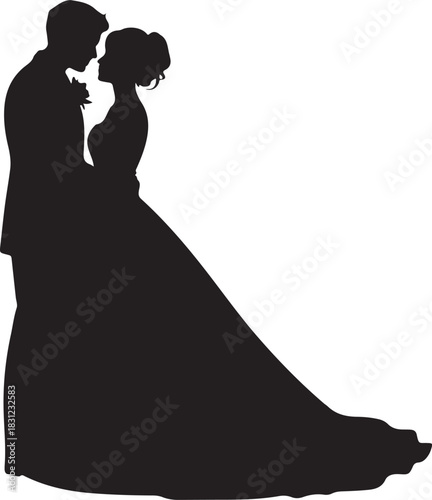 Silhouette shows the couple hugging, and facing each other in their formal attires with a transparent background
