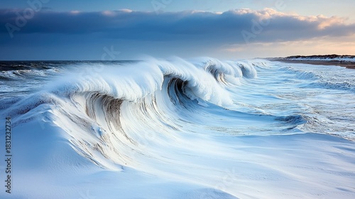 Fototapeta Naklejka Na Ścianę i Meble -  Dramatic view of ocean waves crashing on a sandy beach under a cloudy sky at sunset. The waves are large and powerful, creating a dynamic and awe-inspiring scen