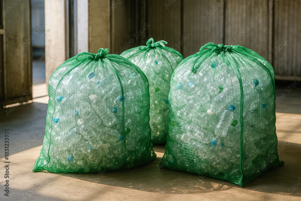 Naklejka premium Three large green mesh bags filled with empty plastic bottles sit inside a sunlit industrial space, ready for recycling or disposal.