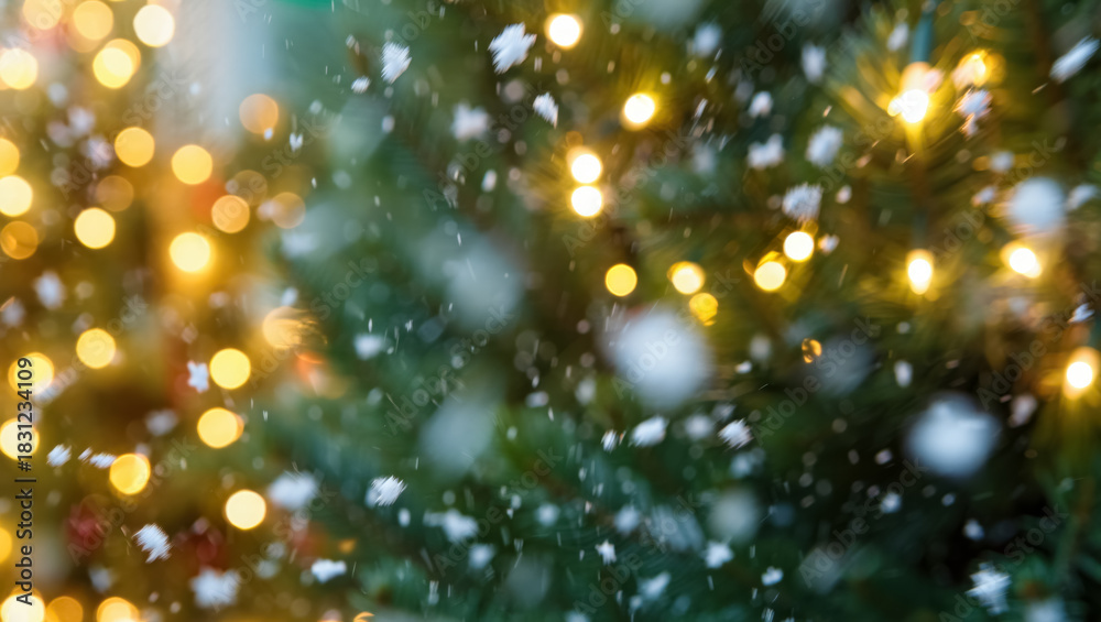 Obraz premium Soft snowflakes falling in front of blurred warm Christmas lights and deep green pine branches, creating a dreamy, glowing winter holiday atmosphere filled with motion and sparkle