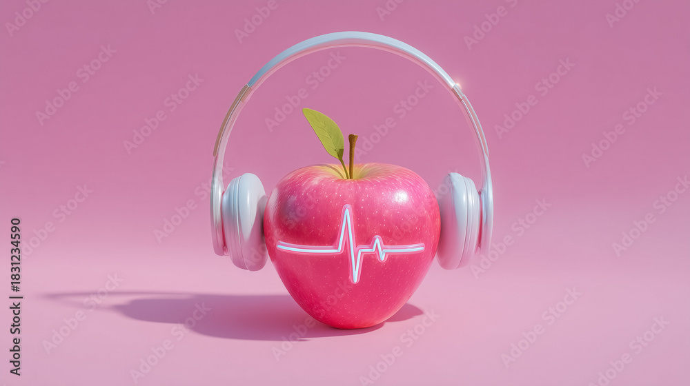 Obraz premium Apple adorned with headphones featuring heartbeats design symbolizes healthy living and music enjoyment. Set against a playful pink backdrop. Concept of health, music industry, wellness