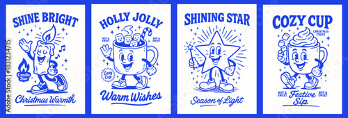 Retro Christmas mascot poster set, cute vintage holiday characters with candle, cocoa cup, star and festive typography in bold blue illustration