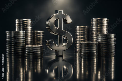 Metallic Dollar Symbol with Stacked Coins – Wealth and Finance Concept