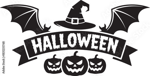 A witch's hat, bat wings, scary pumpkins, and a Halloween ribbon come together spookily