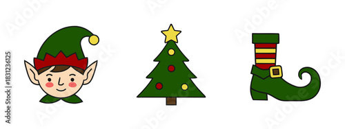 Festive Holiday Set Featuring an Elf, Christmas Tree, and Elf Shoe