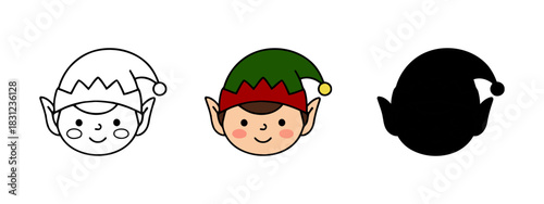 Illustrations of Smiling Elf Faces Featuring Line Art, Color, and Silhouette Styles