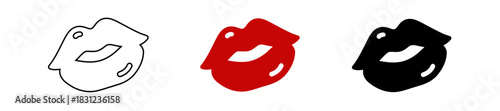 Stylized Lip Illustrations with Outline, Filled Red, and Black Forms on a White Background