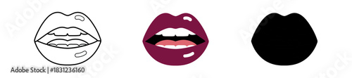 Stylized Lips Icons with Outline, Color and Silhouette Versions Isolated on White