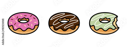 Three cartoon donuts with pink, brown, and green frosting on a white backdrop