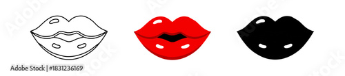 Lips Icons in Red, Black, and Outline isolated on White Background