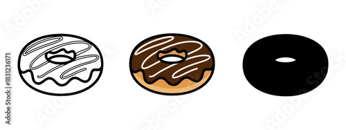 Donut Variation Set Depicting Line Art, Color, and Silhouette Shapes