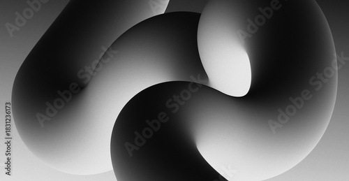 A wavy 3D ribbon curl. Line, stripe shape, form in dark gray, white, black smooth gradients, twisting dynamically across a monochrome background. Futuristic web design. Knot. Grainy noise texture