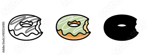 Donut Icons in Outline, Color, and Silhouette Style with a Bite Taken Out of Each