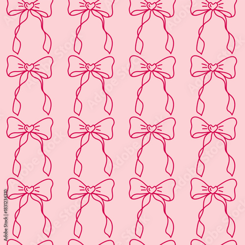 Pink seamless pattern with hand drawn bows showing coquette ribbon knots arranged in a soft girly composition for prints, wallpapers and wrapping ideas.