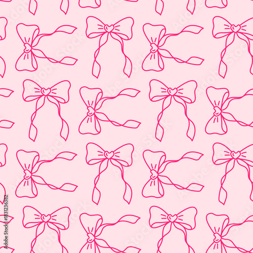 Pink seamless pattern with hand drawn bows forming a delicate ribbon layout ideal for girly stationery, wallpapers and decorative wrapping designs.