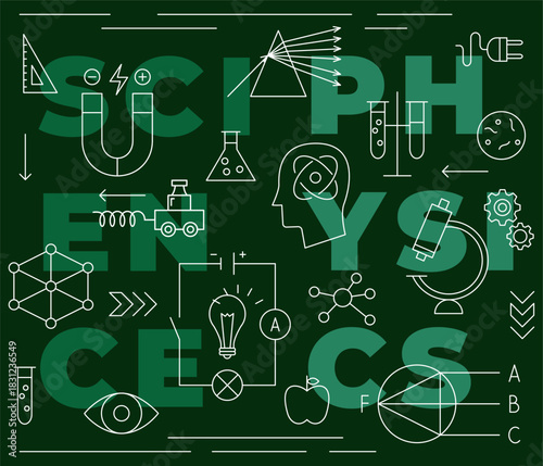 Green Science Research Physics Line Concept. Vector Illustration of Education Outline Poster. Linear Laboratory Subject Sign.
