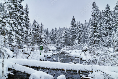 Fototapeta Naklejka Na Ścianę i Meble -  Morskie Oko Lake Covered in Ice at Winter in Tatra Mountains Poland.