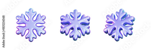 3D holographic snowflakes set with glossy neon texture isolated on dark background. Shiny frozen crystal iridescent snowflake decoration for Christmas or New Year design, card, poster. 3D vector icon