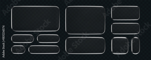 3D liquid glass button and frame set with transparent silver shine, isolated on dark background. Futuristic UI, UX elements for digital apps, web design or game interfaces. 3D tech glass vector