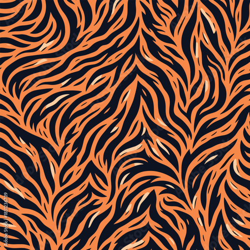 Seamless abstract pattern featuring organic fiery orange and black wavy lines creating a dynamic and visually engaging texture suitable for various design applications