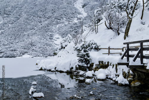 Fototapeta Naklejka Na Ścianę i Meble -  Morskie Oko Lake Covered in Ice at Winter in Tatra Mountains Poland.