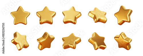 3D golden star icons isolated on white background. Realistic yellow metal pentagram element for review, award, badge, luxury gift, premium trophy or customer feedback. Glossy vector decoration design