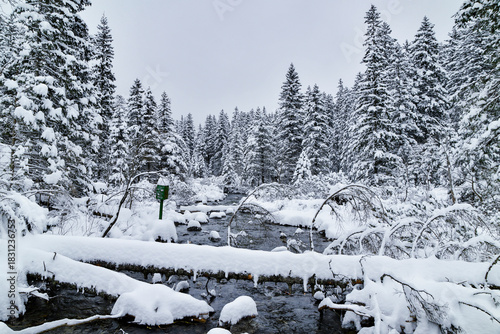 Fototapeta Naklejka Na Ścianę i Meble -  Morskie Oko Lake Covered in Ice at Winter in Tatra Mountains Poland.