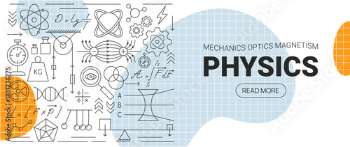 Science Physics Line Web Banner. Vector Illustration of Education Outline Concept. Research University Laboratory Subject Sign.