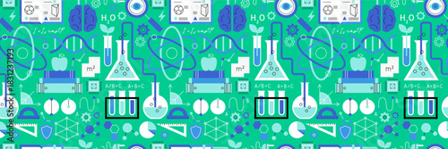 Physics Chemistry Biology Seamless Pattern. Vector Illustration of Education Background. Reseacrh Laboratory Texture BG..