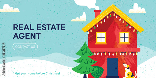 Real Estate Christmas House Banner. Vector Illustration of Home with Dog. Mortgage Promotional Concept with Web Button.