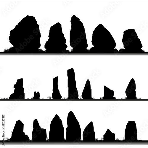 Front view fore view horozontal view Sprite sheet sprite atlas with black silhouette of stones isolated on white background Flat front 2D