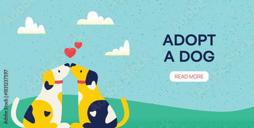 Adopt a Dog Pet Shop Banner. Vector Illustration of Love Heart Couple Puppies outside. Charity Help Animals.