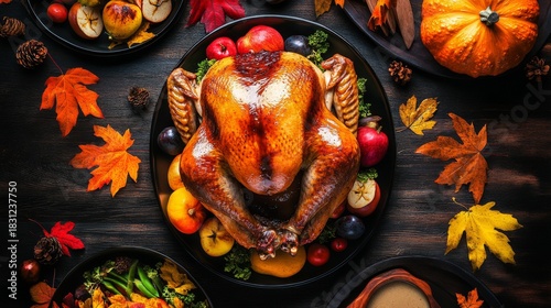 A beautiful Thanksgiving spread featuring a perfectly roasted turkey surrounded by seasonal fruits and vegetables, embodying gratitude and togetherness in the harvest.