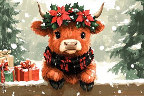 This delightful illustration features an adorable Highland cow adorned with holiday decorations, bringing warmth and charm to a snowy winter scene filled with gifts.