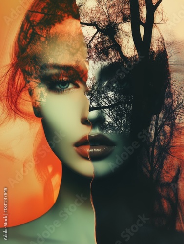 A striking artistic portrait merges a woman's face with intertwined tree branches, capturing the blend of human beauty and the essence of nature in a surreal, mystical representation.