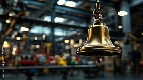A close-up image of a brass bell dangling in a bustling factory, signifying time, alerts, and the essence of production, set against a dynamic, industrial backdrop.