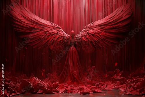 An ethereal figure with grand red wings stands eerily in a dramatic setting, draped in lush fabrics, portraying themes of power, beauty, and the blend of fashion with fantasy.