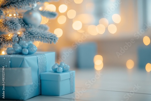 A delightful Christmas scene showcases beautifully wrapped blue gifts nestled under a frosty tree, illuminated by twinkling lights, capturing the spirit of festive joy and giving.