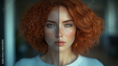 This striking image showcases the contrast of two redheaded women, each with distinct curls, highlighting the beauty of vibrant hair and unique facial features in close-up.