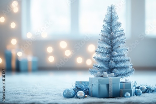 This delightful image features a beautifully decorated blue Christmas tree surrounded by gifts, radiating festive joy and seasonal spirit in a cozy indoor setting.